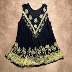 Vintage Y2K Floral Palm Tree Tie Dye Embroidered Mini Dress Black Green Hippie
